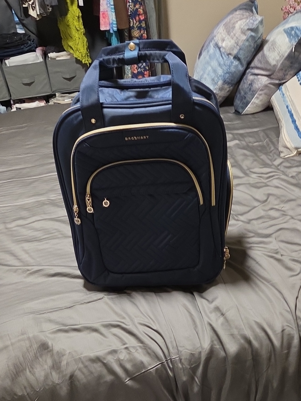 Quilted Navy Travel Backpack with Gold Trim
